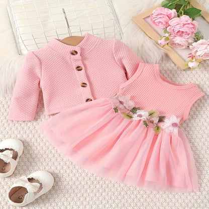 0-2 Year Old Spring and Autumn New Girl Baby Girl Waist Flower Design Tank Top Spliced Mesh Dressjacket